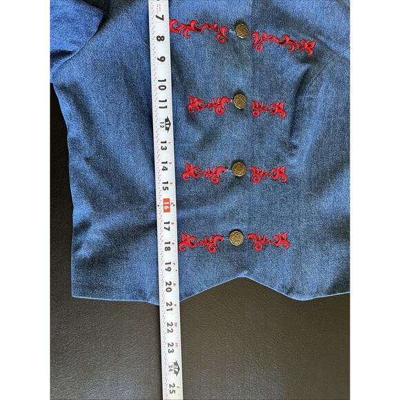 Sharon Young Denim Jacket Medium Blue Red Military Crop Ranch Western Y2K Vtg US - Picture 8 of 10